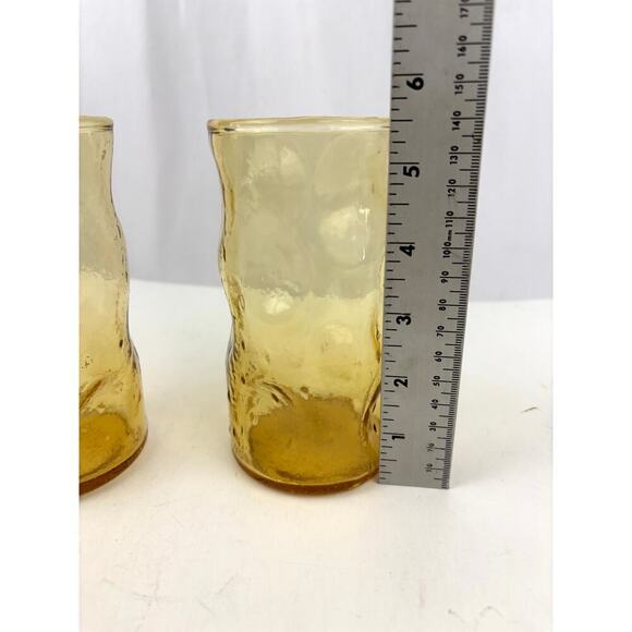 VTG Honey Amber Dimpled Glass Tumblers Pinched Yellow MCM Set of 4 - Picture 10 of 14